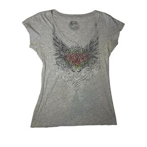 Y2k mcbling rhinestone rose angel wing tee